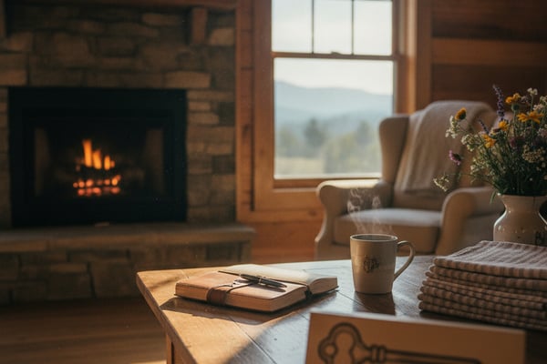 Cozy cabin living room with fireplace, armchair, mountain view through window, and table with notebook and coffee mug