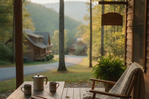Porch with wooden table, coffee pot, and chair overlooking forested valley and distant mountains