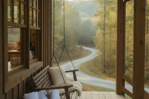 Wooden porch with hanging swing chair overlooking winding river and forested hillside valley