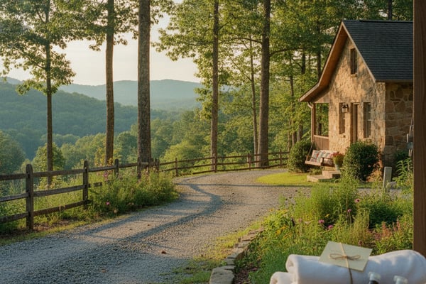 Stone cottage with metal roof nestled among tall trees, overlooking forested mountains, with gravel driveway and wooden fence